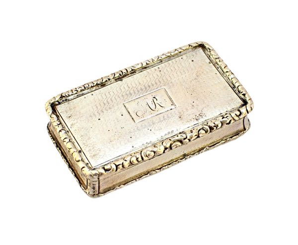 A William IV silver rectangular snuff box by Nathaniel Mills, the engine turned exterior having floral moulded borders and monogram engraved 'AR', Bir