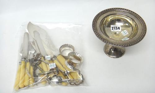 A Sterling pedestal dish, decorated with a gadrooned rim, weight 132 gms, a set of six foreign coffee spoons, with figure terminals and plated wares,