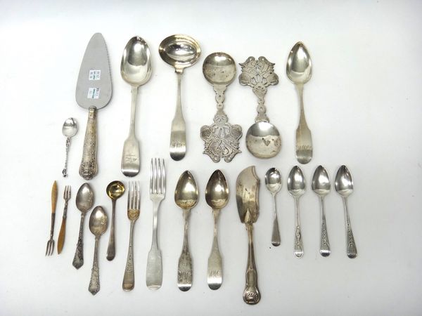 Silver, comprising; a fiddle pattern tablespoon, London 1838, six further spoons, a butter knife and a Victorian christening fork, London 1883, a stee