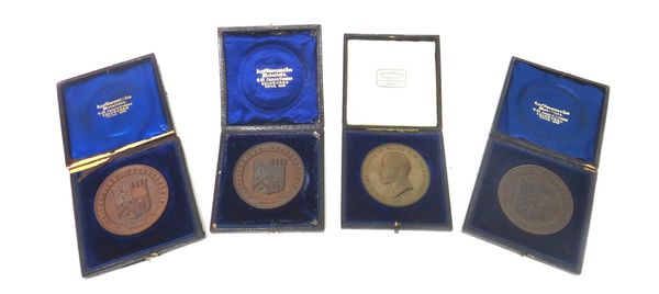 Three Aberdeen University bronze prize medallions for Operative Surgery 1890, Theoretical Chemistry 1888-89 and Midwifery 1891-92, awarded to W R DUGU