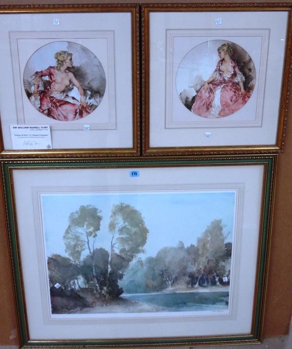 Sir William Russell Flint (1880-1969), River scene, colour print, signed in pencil, 52cm x 68cm.; together with four further unsigned Flint prints, tw