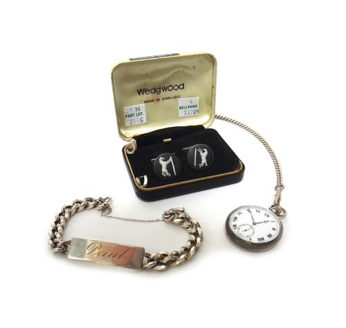 A silver identity bracelet engraved Paul, two spare links, a pair of Sterling silver mounted Wedgwood cufflinks, with horse motifs, a lady's silver ca