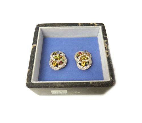 Two 18ct gold, diamond and vary coloured gemstone set dress rings, each of abstract pierced openwork form, mounted with small circular cut diamonds an