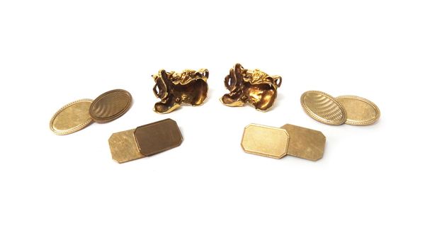 A pair of 9ct gold oval cufflinks, with engine turned decoration, a pair of 9ct gold cut cornered rectangular cufflinks, engine turned to one side and