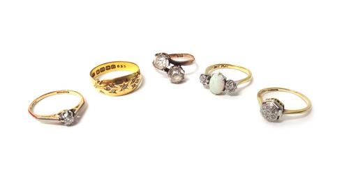 A gold and diamond set seven stone hexagonal cluster ring, an 18ct gold and diamond set ring, Birmingham 1913, a gold and platinum, opal and diamond s