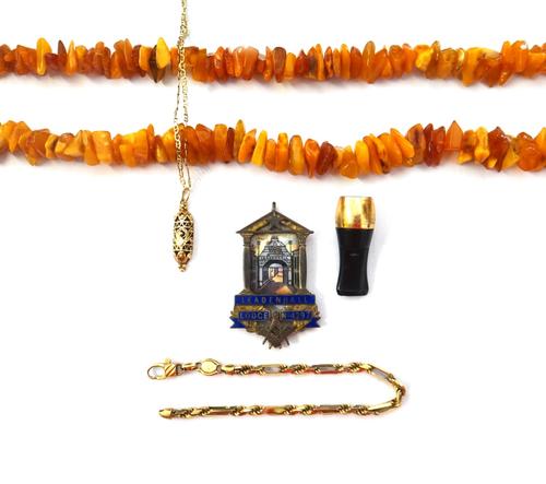 A 9ct gold bracelet, in a facet cut ropetwist and bar link design, on a sprung hook shaped clasp, a gold pendant with a 9ct gold neckchain, a single r