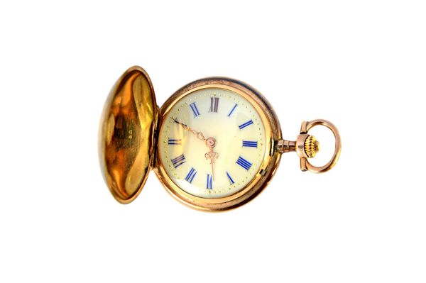 A lady's gold and diamond set keyless wind hunting cased fob watch, with an unsigned gilt jewelled cylinder movement, gold inner case, the enamelled d