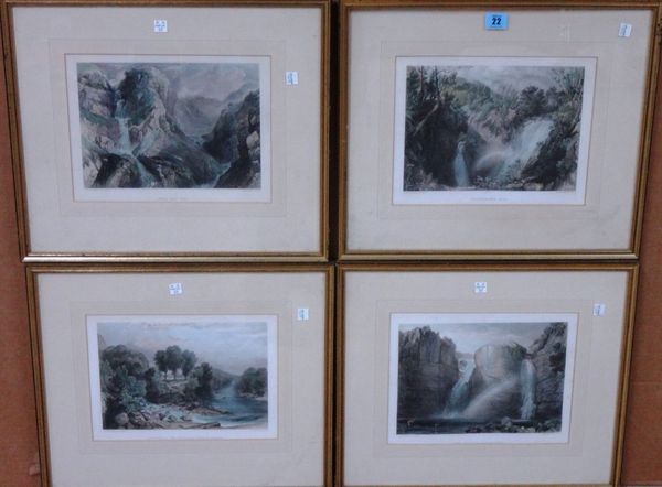 After Turner, Waterfalls, a set of four engravings with hand colouring, (4).