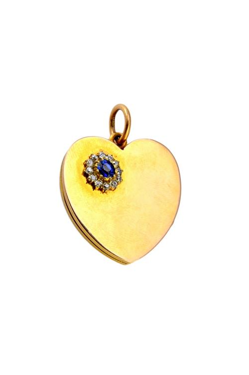 A gold, sapphire and diamond set oval pendant locket, the front mounted with a cluster centred by an oval cut sapphire within a surround of twelve cus