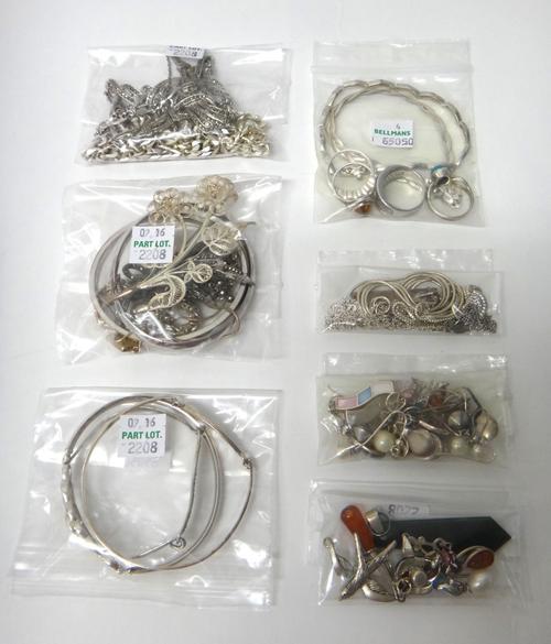 Silver and other jewellery, comprising; two curb link neckchains, seven necklaces and neckchains, two marcasite set necklaces, three bangles, two brac