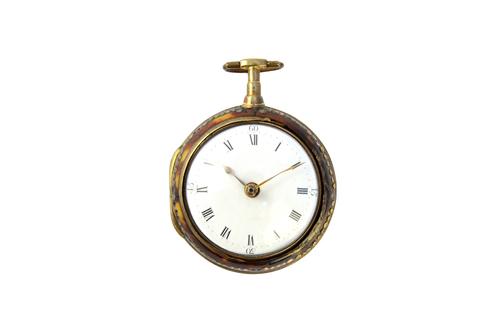 A gentleman's gilt metal and tortoiseshell cased pear cased open faced pocket watch, the gilt fusee movement with a verge escapement, detailed to the