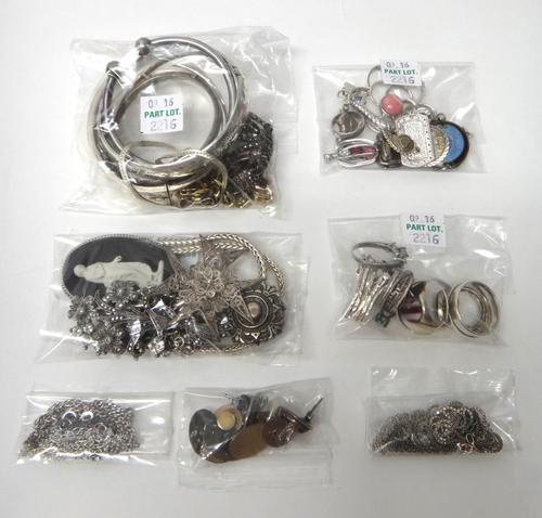 Mostly silver jewellery, comprising; four bangles, a marcasite set bracelet, four further bracelets, ten rings, sixteen pendants and charms, a pair of