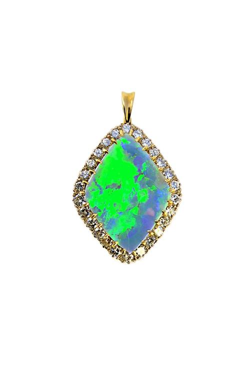 A gold, opal and diamond set pendant, claw set with the lozenge shaped opal at the centre, within a surround of circular cut diamonds. Illustrated