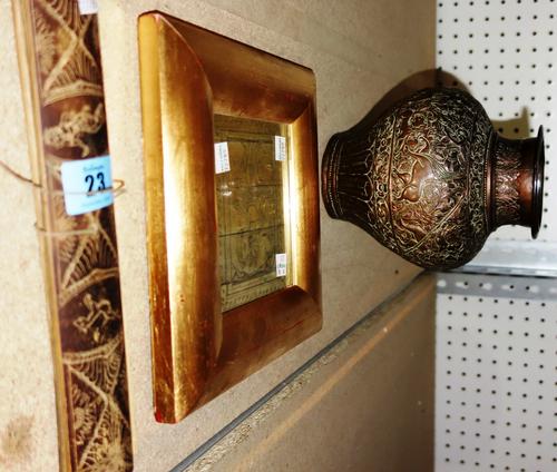 An Indian palm leaf prayer book, 19th century, with seven palm leaves, each with text on one side and black landscape scenes with figures on the rever
