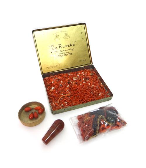 Two coral bead tassel drops, a length of coral chain, two  further links in a similar design, various coral drops, fittings, beads and branch coral, a