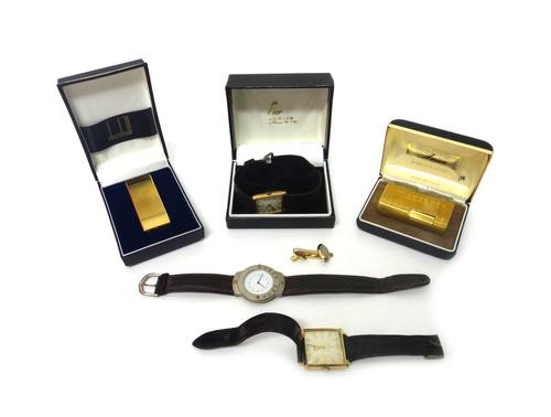 A gentleman's gilt metal square cased Juvenia wristwatch, two further wristwatches, a gold plated Dunhill rectangular gas lighter, cased, another gold
