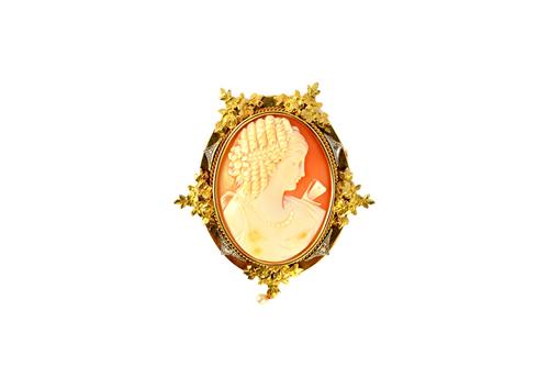 A gold and diamond mounted oval shell cameo brooch, carved as the portrait of a lady, the mount decorated with floral and foliate motifs at intervals