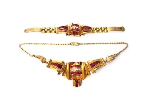 An Eastern gold, red and colourless gem set collar necklace and a bracelet in a similar 1950's design, probably Indian, combined gross weight 60gms.