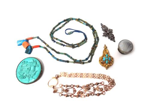 A rose diamond set motif, probably from a locket, an Oriental carved turquoise set dress clip, detailed China silver, an agate dress stud, a Victorian