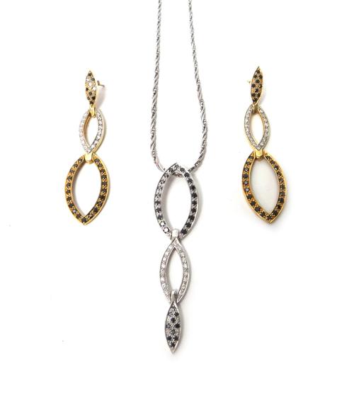 A 9ct white gold, diamond and black diamond set pendant, in a triple section folding design, with a 9ct white gold ropetwist link neckchain, on a spru