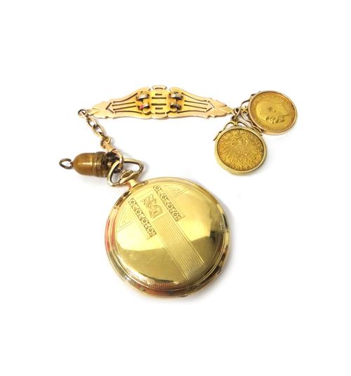 A gentleman's gold cased keyless wind hunting cased Roskopf pocket watch, the jeweled lever movement with precision regulation, the signed gilt dial w