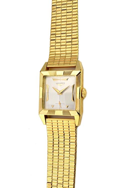 A gentleman's gold square cased Longines wristwatch, the signed square silvered dial with gilt hands and with subsidiary seconds on a brick link brace