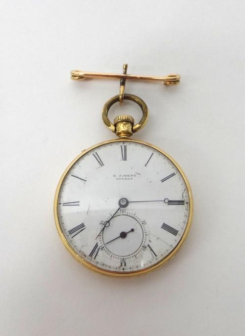 A lady's 18ct gold cased, keyless wind, openfaced fob watch, the gilt jewelled lever movement detailed E.J. Dent, London, Patent No 14451, the signed