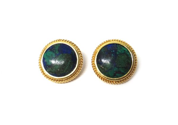 A pair of Tambetti gold and azure-malachite earclips, each of circular form, decorated with a ropetwist border, the backs with folding clip fittings,