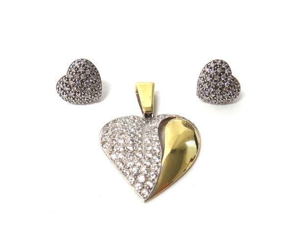 A 14ct gold and colourless gem set heart shaped pendant and a pair of 9ct white gold and diamond set heart shaped cluster earstuds, pave set with circ