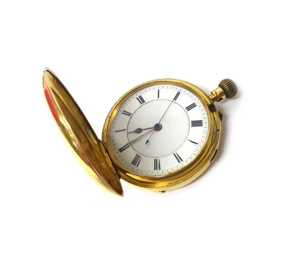 A gentleman's 18ct gold cased keyless wind hunting cased centre stop seconds pocket watch, the gilt three quarter plate jewelled movement detailed 'J.