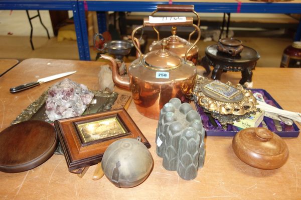 A quantity of collectables including two copper kettles, various gilt photo frames, jelly mould and sundry, (qty)