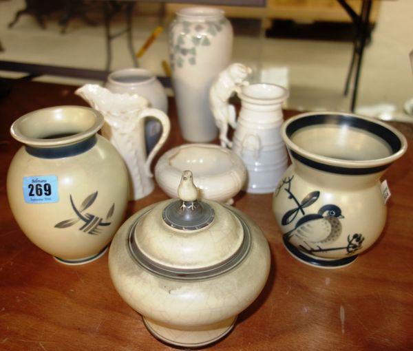 A group of ceramics including three Doulton vases, Copeland milk jug modelled with cat handle, Belleek items and sundry, (qty).