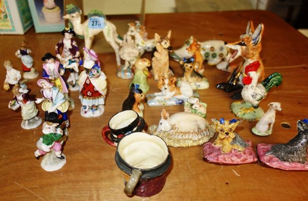 A group of small ceramic figures including Continental figurines, small Doulton character jugs and Basil Matthew animals, (qty).