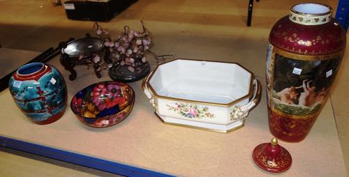 A group of large decorative ceramics including lidded Danish vases with painted panels, Continental twin handled bowl poole studio vase and sundry, (q