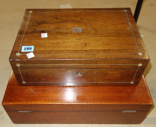 A mahogany cutlery box with lift out tray, lacking contents and a rosewood and mother of pearl inlaid box., (2).