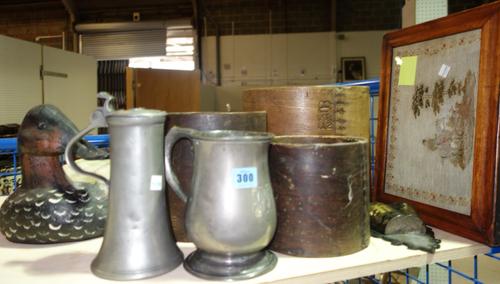A group of collectables including three graduated wooden 19th century grain measures, a turned needlework black lacquer chinoiserie twin section vesta