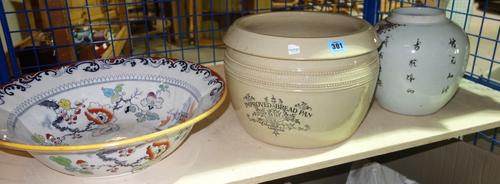 A large Masons ceramic bowl and jug a Doulton 'Bread pan' and a Chinese ginger jar and sundry.