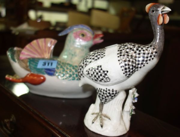 A Chinese famille rose model of a duck; and a Samson Paris model of a guinea fowl in the Meissen style 16cm (2