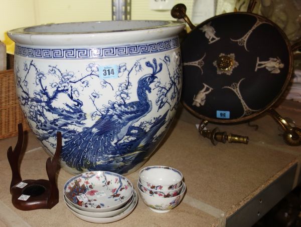 Three 18th century Chinese tea bowls and saucers; a Chinese large blue and white fish bowl extensively damaged 32cm high, 36cm diameter (7)