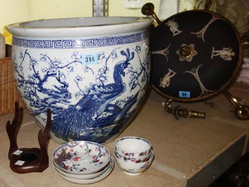 Three 18th century Chinese tea bowls and saucers; a Chinese large blue and white fish bowl extensively damaged 32cm high, 36cm diameter (7)