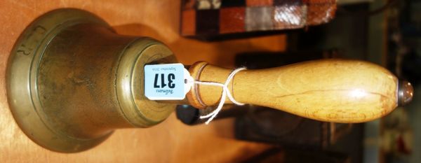 A 20th century hand bell with beech handle, bell marked 'GR'.