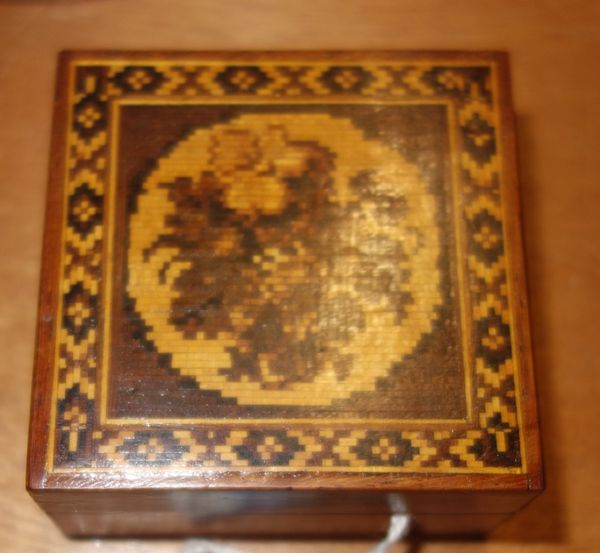 A Tunbridge ware rosewood parquetry box and cover, stamped Marion Huth.