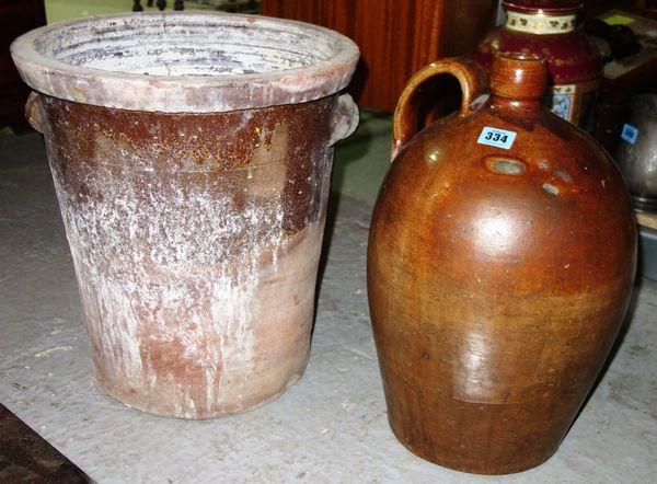 A large stoneware flagon and a twin handled pot.