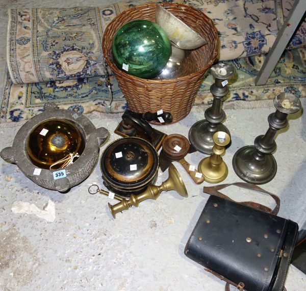 A quantity of ceramics and collectables including German Second World War binoculars, candlesticks, witches balls and sundry.