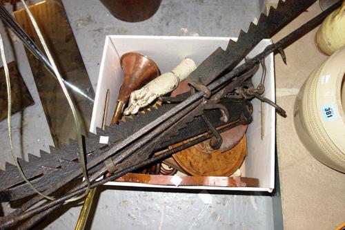 A quantity of metalware collectables including artists wooden hand, various iron brackets, hunting horn and sundry.