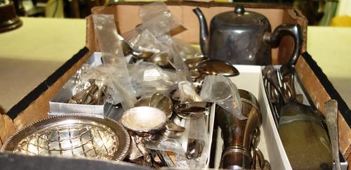 A quantity of silver plate including flatware, tea pot, sauce boat and sundry.