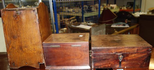A tapered square oak box, a mahogany box, a mahogany and rosewood box and a shove Ha'penny board. Note: Railway Interest; reputedly, the mahogany and