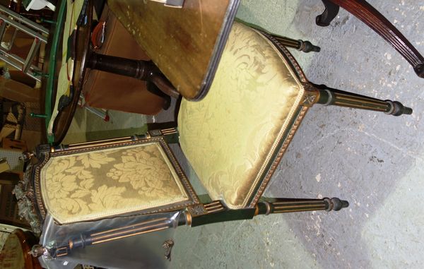 A pair of 19th century green and gilt side chairs with upholstered backs and seats.
