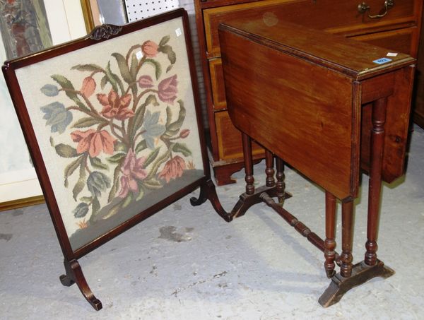 A 19th century walnut Sutherland table and a mahogany tapestry fire screen, (2).