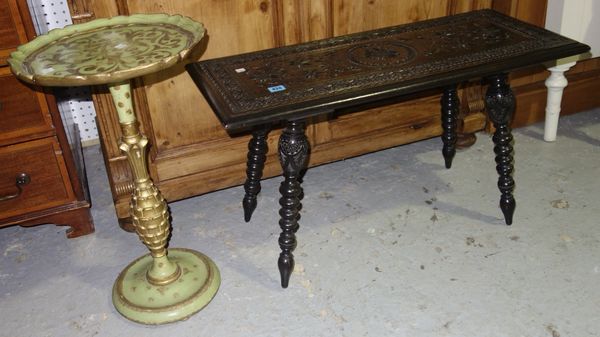 A 19th century ebonised rectangular low table on tapering bobbin turned supports and a gilt and green painted occasional table, (2).